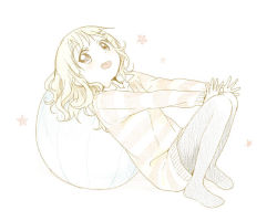 Rule 34 | 1girl, :d, ball, blonde hair, brown eyes, collar, colored skin, dress, exercise ball, female focus, flower, full body, hair ornament, hairclip, leaning back, leaning on object, long sleeves, looking at viewer, namori, no shoes, oomuro sakurako, open mouth, outstretched arms, pale color, pantyhose, partially colored, short hair, simple background, smile, solo, striped clothes, striped sweater, sweater, sweater dress, tareme, wavy hair, white background, white skin, yuru yuri