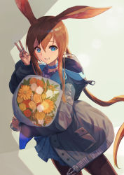 Rule 34 | 1girl, absurdres, amiya (arknights), animal ears, arknights, black jacket, black pantyhose, blue eyes, blue skirt, bouquet, clenched teeth, cowboy shot, dutch angle, flower, grey background, grin, hair between eyes, hand up, highres, holding, holding bouquet, hood, hood down, hooded jacket, jacket, jewelry, long hair, long sleeves, looking at viewer, material growth, multiple rings, open clothes, open jacket, orange flower, oripathy lesion (arknights), pantyhose, plaid, plaid skirt, pleated skirt, ponytail, rabbit ears, red flower, ring, sidelocks, simple background, skirt, smile, solo, takamiko 02, teeth, thumb ring, v, very long hair, watch, white flower, wristwatch, yellow flower