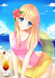 Rule 34 | 10s, 1girl, 2016, absurdres, bare shoulders, beach, bent over, blonde hair, blue eyes, blush, breasts, casual one-piece swimsuit, collar, dated, day, flower, hair flower, hair ornament, hibiscus, highres, innertube, leaning forward, long hair, looking at viewer, ocean, one-piece swimsuit, original, outdoors, pink one-piece swimsuit, signature, smile, solo, standing, swim ring, swimsuit, water, xuanwo kaka