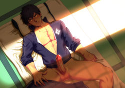 Rule 34 | 10s, 1boy, abs, bed, black hair, bottomless, doudanuki masakuni, erection, jacket, lvlv, lying, male focus, muscular, muscular male, open clothes, open jacket, pectoral cleavage, pectorals, penis, pillow, scar, solo, tagme, touken ranbu, uncensored, yellow eyes