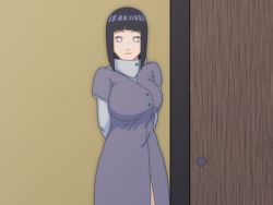 Rule 34 | 1girl, animated, animated gif, black hair, blush, bouncing breasts, breasts, clothes, clothes grab, door, dr.korr, female focus, grabbing, grey eyes, hyuuga hinata, large breasts, purple eyes, looking at viewer, medium hair, naruto (series), naruto shippuuden, nipples, nude, open clothes, pussy, solo, standing, uncensored, undressing