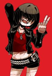 Rule 34 | 1girl, arm up, ayame hashinimasen, belt, black hair, black jacket, black shorts, blouse, bob cut, chain necklace, collarbone, crop top, female focus, hair intakes, hair over eyes, jacket, jewelry, leather, leather jacket, midriff, navel, necklace, open mouth, original, pale skin, red background, sharp teeth, shirt, short shorts, shorts, simple background, solo, stitches, studded belt, teeth, v