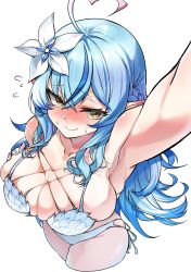 Rule 34 | 1girl, ahoge, armpits, blue hair, blue nails, breasts, cleavage, closed mouth, colored tips, elf, flower, hair between eyes, hair flower, hair ornament, half updo, hand on own chest, heart, heart ahoge, highres, hololive, large breasts, long hair, looking at viewer, multicolored hair, nail polish, pointy ears, selfie, simple background, skindentation, solo, streaked hair, sui hi sf, very long hair, virtual youtuber, wavy mouth, white background, yellow eyes, yukihana lamy