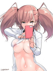 Rule 34 | 1girl, areola slip, atlanta (kancolle), black headwear, breasts, brown hair, cellphone, commentary request, dress shirt, grey eyes, highres, holding, holding phone, kantai collection, large breasts, long hair, long sleeves, looking at phone, navel, open clothes, phone, shirt, simple background, solo, takase muh, twitter username, two side up, upper body, white background, white shirt