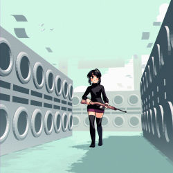 Rule 34 | 1girl, black eyes, black hair, black sweater, black thighhighs, blush stickers, closed mouth, commentary, english commentary, full body, gun, highres, holding, holding gun, holding weapon, indoors, laundromat, long sleeves, no shoes, noyemik, original, purple skirt, rifle, sidelocks, skirt, solo, sweater, thighhighs, turtleneck, turtleneck sweater, weapon, zettai ryouiki