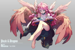 Rule 34 | 1girl, ahoge, angel wings, archangel metatron (p&amp;d), bare legs, barefoot, black dress, blue eyes, book, breasts, character name, choker, cleavage, dress, feathered wings, feet, long hair, multiple wings, open book, pink hair, puzzle &amp; dragons, quill, reading, simple background, solo, tennohi, toes, wings