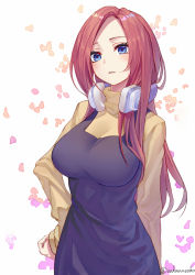 Rule 34 | 1girl, aged up, apron, black apron, blue eyes, breasts, brown hair, brown shirt, commentary request, go-toubun no hanayome, hand on own hip, headphones, headphones around neck, large breasts, long hair, long sleeves, looking at viewer, mature female, nakano miku, parted bangs, parted lips, petals, red hair, sakanasoko, shirt, solo, standing, turtleneck, twitter username, upper body, white background