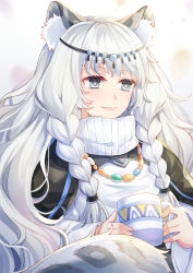 Rule 34 | 1girl, animal ear fluff, animal ears, arknights, bead necklace, beads, black capelet, blush, braid, capelet, commentary, cup, dress, grey background, grey eyes, head chain, highres, holding, holding cup, jewelry, leopard ears, leopard tail, long hair, long sleeves, mug, necklace, okami hiro, pink lips, pramanix (arknights), silver hair, smile, solo, tail, twin braids, upper body, white dress