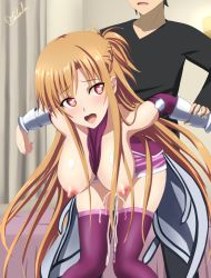 Rule 34 | 1boy, 1girl, aki (broccoli-t), armor, asuna (sao), bare shoulders, bed, bed sheet, bent over, between breasts, blush, braid, breasts, brown eyes, brown hair, clothed sex, clothes between breasts, collarbone, crown braid, cum, cum on body, cum on clothes, cum on lower body, cumdrip, detached sleeves, eyebrows, fingernails, hanging breasts, heart, heart-shaped pupils, hetero, holding another&#039;s wrist, indoors, kirito, large breasts, legs together, long hair, nail, nail polish, nipples, open mouth, penis, pussy, sex, shiny skin, sidelocks, signature, skirt, solo focus, sword art online, symbol-shaped pupils, text focus, thighhighs, very long hair