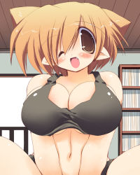 Rule 34 | 1girl, animal ears, bad id, bad pixiv id, bare shoulders, blush, bookshelf, breasts, brown eyes, brown hair, cat ears, ceiling, cleavage, fang, from below, huge breasts, large breasts, navel, one eye closed, open mouth, original, pointy ears, pov, sakaki (noi-gren), sexually suggestive, short hair, solo, spread legs, v arms, wink