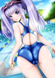 Rule 34 | 1girl, artist request, ass, back, bare shoulders, blush, cameltoe, from behind, goggles, goggles on head, long hair, looking at viewer, one-piece swimsuit, open mouth, original, pool, purple eyes, purple hair, shiny clothes, shiny skin, smile, solo, swimsuit, twintails