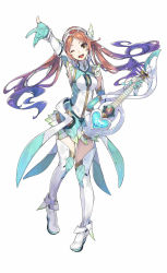 Rule 34 | 1girl, arm up, artist request, boots, breasts, brown hair, dress, elbow gloves, full body, gloves, gradient hair, guitar, hairband, highres, holding, idola phantasy star saga, instrument, long hair, looking at viewer, medium breasts, multicolored hair, official art, one eye closed, open mouth, phantasy star, phantasy star idola, phantasy star online 2, purple hair, quna (pso2), short dress, simple background, skirt, sleeveless, smile, solo, thigh boots, thighhighs, twintails, white background, zettai ryouiki