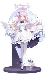 Rule 34 | 1girl, angel wings, black footwear, blue archive, blush, capelet, closed mouth, crescent, crescent pin, dress, feathered wings, flower, freng, full body, hair bun, hair flower, hair ornament, halo, highres, long hair, looking at viewer, mika (blue archive), pantyhose, pink hair, pink halo, purple flower, shoes, simple background, single side bun, smile, solo, white background, white capelet, white dress, white pantyhose, white wings, wings, yellow eyes