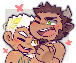 Rule 34 | 2boys, :d, animal ears, artist request, bara, blush, brown hair, character request, chibi, clenched hands, cow boy, cow ears, cow horns, dark-skinned male, dark skin, facial hair, goatee, green eyes, happy, horns, hug, indie virtual youtuber, laurel crown, rai bolim, male focus, mature male, multiple boys, muscular, muscular male, nipples, one eye closed, open mouth, scar, scar on face, scar on forehead, second-party source, short hair, sideburns, smile, thick eyebrows, virtual youtuber, white hair