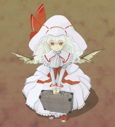 Rule 34 | 1girl, alternate costume, bat wings, carrying, case, curiosities of lotus asia, female focus, from above, hat, highres, long hair, pinzu, red eyes, remilia scarlet, solo, suitcase, touhou, v arms, wavy hair, white hair, wings