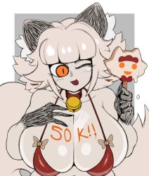 Rule 34 | 1girl, 50k, animal ear fluff, animal ears, bare shoulders, bell, bikini, blunt bangs, bow, bow bikini, breasts, cat ears, cat girl, cat tail, catmaid (dizzyspells), closed mouth, collar, colored skin, dizzyspells, dripping, facing viewer, fingernails, fluffy, furry, furry female, hand on breast, hand on own chest, highres, holding, holding food, holding ice cream, holding popsicle, huge breasts, ice cream, large breasts, light blush, looking at viewer, melting, melting popsicle, one eye closed, orange eyes, original, popsicle, red bikini, red collar, sharp fingernails, short hair, slit pupils, swimsuit, tail, thank you, tongue, tongue out, upper body, white hair, white skin, wink