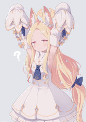 Rule 34 | 1girl, :o, ?, animal ear fluff, animal ears, armpits, arms up, blonde hair, blue archive, blue necktie, bow, buttons, cross halo, detached sleeves, dress, flower, forehead, fox ears, frilled dress, frills, grey background, hair flower, hair ornament, halo, highres, layered dress, light blush, long hair, looking at viewer, mishima hiroji, necktie, orange bow, parted bangs, sailor collar, seia (blue archive), simple background, sleeve bow, sleeveless, sleeveless dress, sleeves past fingers, sleeves past wrists, solo, very long hair, white bow, white dress, white sailor collar, yellow eyes