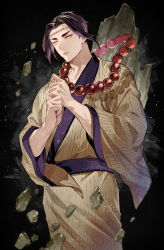 Rule 34 | 1boy, beads, black background, black hair, cowboy shot, debris, extra, facial mark, floating, floating hair, highres, japanese clothes, kimetsu no yaiba, kimono, levitation, light particles, long sleeves, looking down, male focus, obi, own hands together, oyumai, prayer beads, praying, rock, sash, short hair, simple background, solo, wide sleeves, yellow eyes