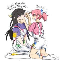 Rule 34 | 2girls, ;t, akemi homura, baihe quanshu guanbo, bare legs, black hair, braid, chinese commentary, commentary request, crown braid, dress, facepaint, from side, full body, grabbing another&#039;s chin, hand on another&#039;s chin, hands on lap, heart on cheek, highres, kaname madoka, kneeling, light blush, long dress, long hair, mahou shoujo madoka magica, mahou shoujo madoka magica (anime), motion lines, multiple girls, official alternate costume, one eye closed, overall dress, overalls, painting (action), parted lips, pink eyes, pink hair, pink shirt, pinyin text, pout, purple eyes, purple shirt, shirt, short hair, short sleeves, short twintails, simple background, smile, socks, t-shirt, translation request, twintails, white background, white dress, white overalls, white socks