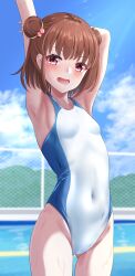 Rule 34 | 1girl, absurdres, armpits, blue sky, breasts, brown hair, chain-link fence, cloud, competition swimsuit, covered navel, day, double bun, fence, gluteal fold, hair bun, hibika, highres, idolmaster, idolmaster cinderella girls, munakata atsumi, one-piece swimsuit, outdoors, pool, red eyes, short hair, sky, small breasts, solo, stretching, swimsuit, two-tone swimsuit, white one-piece swimsuit