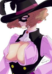 Rule 34 | 1girl, ascot, black feathers, black headwear, black mask, black vest, breasts, brown hair, cleavage, domino mask, dress shirt, feathers, hat feather, highres, komugi (mugiwaraclub), large breasts, looking at viewer, mask, no bra, okumura haru, open clothes, open shirt, persona, persona 5, pink shirt, profile, purple eyes, shirt, short hair, signature, simple background, solo, twitter username, underbust, upper body, vest, white background