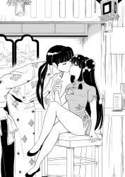 Rule 34 | 1boy, 1girl, changpao, china dress, chinese clothes, double bun, dress, face-to-face, flats, floral print, greyscale, hair bobbles, hair ornament, hair over shoulder, holding hands, hetero, holding, indoors, keyutoke, kiss, lantern, leaning forward, crossed legs, long hair, long sleeves, low ponytail, monochrome, mousse (ranma 1/2), no eyewear, on chair, paper lantern, print dress, profile, ranma 1/2, restaurant, sash, shampoo (ranma 1/2), short dress, short sleeves, side slit, sidelocks, sitting, table, tablecloth, tassel
