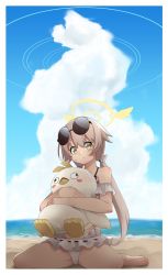 Rule 34 | 1girl, beach, bikini, blue archive, blush, cloud, collarbone, commentary request, datemegane, eyewear on head, frilled bikini, frills, halo, hifumi (blue archive), hifumi (swimsuit) (blue archive), highres, long hair, looking at viewer, low twintails, hugging object, sitting, sky, solo, spread legs, stuffed toy, sunglasses, swimsuit, twintails, white background, white bikini, yellow eyes