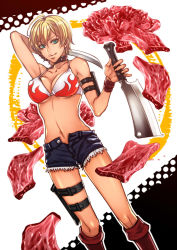 Rule 34 | 10s, 1girl, ahoge, bikini, bikini top only, blonde hair, boots, breasts, cleaver, collar, food, green eyes, holster, knee boots, knife, large breasts, meat, mito ikumi, navel, shokugeki no souma, short hair, shorts, solo, swimsuit, thigh holster, unbuttoned, underboob, youneko