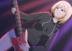 Rule 34 | black hoodie, blonde hair, breasts, brown eyes, closed mouth, commentary, denim, denim shorts, electric guitar, guitar, hall onon, holding, holding instrument, hood, hoodie, instrument, long sleeves, medium breasts, original, shorts, smile, stage, swept bangs, yarei himi (hall onon)