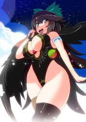 Rule 34 | 1girl, alternate costume, amiscia, amisu, bare shoulders, black thighhighs, bow, breasts, brown eyes, brown hair, cleavage, cleavage cutout, clothes writing, clothing cutout, curvy, fangs, female focus, hair bow, highleg, highleg leotard, highres, large breasts, leotard, long hair, md5 mismatch, open mouth, plump, race queen, reiuji utsuho, round teeth, skindentation, smile, solo, teeth, thighhighs, third eye, touhou, umbrella, wings