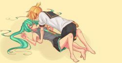 Rule 34 | 1boy, 1girl, all fours, april (aprilmayu), blonde hair, blush, eye contact, green eyes, green hair, hatsune miku, kagamine len, long hair, looking at another, lying, necktie, on back, shorts, skirt, twintails, vocaloid