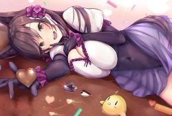 Rule 34 | 1girl, :d, animal ears, atago (azur lane), azur lane, blush, breasts, brown eyes, chocolate, cleavage, covered navel, elbow gloves, extra ears, flower, framed breasts, frills, gloves, hair between eyes, hair flower, hair ornament, hairband, heart-shaped food, holding, large breasts, leotard, long hair, looking at viewer, lying, manjuu (azur lane), mappaninatta, mole, mole under eye, on side, open mouth, puffy short sleeves, puffy sleeves, purple flower, purple gloves, purple hair, purple leotard, short sleeves, smile, solo, swept bangs, valentine