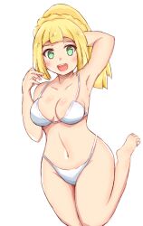 Rule 34 | 1girl, alternate costume, arm behind head, armpits, artistic error, barefoot, bikini, blonde hair, breasts, collarbone, commentary request, creatures (company), extra digits, game freak, green eyes, highres, leg up, lillie (pokemon), looking at viewer, medium breasts, midriff, navel, nintendo, pokemon, pokemon sm, ponytail, re-tori, simple background, solo, swimsuit, white bikini