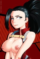 Rule 34 | 1girl, black hair, boku no hero academia, breasts, breasts out, collarbone, highres, large breasts, nipples, open clothes, ponytail, smile, solo, tobias wheller, yaoyorozu momo