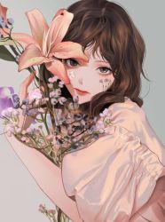 Rule 34 | 1girl, bouquet, brown eyes, brown hair, ere chip, flower, grey background, head tilt, highres, holding, holding bouquet, looking at viewer, original, parted bangs, photo-referenced, pink flower, pink shirt, portrait, purple flower, shirt, solo