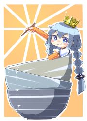 Rule 34 | 1girl, absurdres, blue eyes, blush stickers, bowl, bowl stack, braid, chopsticks, commentary, crown, elbow gloves, emphasis lines, fingerless gloves, gloves, grey hair, hair tubes, highres, holding, holding chopsticks, kizuna akari, konohoshi, long hair, looking at viewer, mini person, minigirl, orange gloves, outstretched arm, solo, sparkle, striped clothes, striped gloves, sunburst, sunburst background, twin braids, v-shaped eyebrows, very long hair, voiceroid
