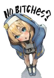 Rule 34 | 1boy, androgyne symbol, aqua eyes, blonde hair, bridget (guilty gear), english text, full body, guilty gear, guilty gear strive, habit, hair between eyes, highres, hood, hood up, hooded jacket, hoodie, jacket, looking at viewer, male focus, medium hair, meme, no bitches? (meme), nock exe, open clothes, open hoodie, open mouth, profanity, simple background, standing, trap