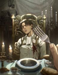 Rule 34 | 1boy, absurdres, black eyes, black hair, blood, blood on clothes, cage, candle, deep wound, erwin smith, fork, frown, head tilt, highres, holding, holding fork, injury, levi (shingeki no kyojin), looking at viewer, male focus, on chair, plate, pov, pov hands, shingeki no kyojin, short hair, sitting, solo focus, thisuserisalive