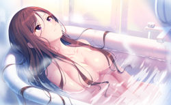 Rule 34 | 1girl, bath, bathing, bathtub, blush, breasts, brown hair, collarbone, completely nude, convenient censoring, expressionless, hair censor, hair over breasts, hair spread out, highres, indoors, kagami (galgamesion), long hair, looking away, looking up, lying, medium breasts, nude, on back, original, parted bangs, partially submerged, purple eyes, shiny skin, solo, steam, v arms, water, wet