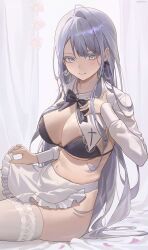 Rule 34 | 1girl, apron, black bow, black bra, bow, bra, breasts, colored eyelashes, cropped legs, curtains, grey eyes, grey hair, highres, hy (hem oo), large breasts, long hair, looking at viewer, navel, no panties, open clothes, original, petals, sitting, thighhighs, underwear, white thighhighs
