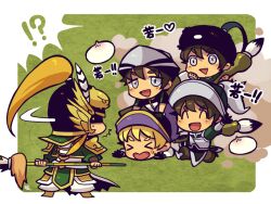 Rule 34 | !?, &gt; &lt;, 5boys, ^ ^, baozi, blonde hair, border, calligraphy brush, chibi, chibi only, clone, closed eyes, facial hair, food, goatee stubble, green background, grey eyes, helmet, holding, holding polearm, holding weapon, kotorai, looking at another, looking back, ma chao, ma dai, multiple boys, open mouth, oversized object, paintbrush, polearm, ponytail, shaded face, shin sangoku musou, sidelocks, signature, standing, stubble, sweatdrop, triangle mouth, waving, weapon, white border