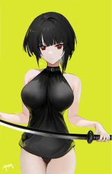 Rule 34 | 1girl, bare shoulders, black hair, breasts, choker, collar, highres, large breasts, leotard, looking at viewer, mole, mole on pussy, mole under eye, omone hokoma agm, red eyes, short hair, solo, sword, thighs, weapon