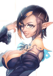 Rule 34 | 10s, 1girl, black hair, breasts, cleavage, earrings, elezen, elf, final fantasy, final fantasy xiv, glasses, highres, jewelry, large breasts, multicolored hair, optionaltypo, pointy ears, short hair, grey eyes, solo, two-tone hair
