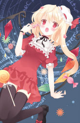 Rule 34 | 1girl, :o, adapted costume, ascot, bad id, bad pixiv id, bat wings, black thighhighs, blonde hair, blush, bow, candy, derivative work, dress, fang, female focus, flandre scarlet, flower, food, frills, hair flower, hair ornament, hat, highres, liong, lollipop, one side up, open mouth, red eyes, short hair, side ponytail, solo, swirl lollipop, thighhighs, touhou, wings, zettai ryouiki
