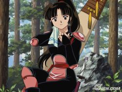 Rule 34 | 1girl, brown eyes, brown hair, cloud, female focus, forest, hiraikotsu, inuyasha, nature, outdoors, plant, rock, sango (inuyasha), sitting, sky, solo, sweat, sword, tree, wallpaper, weapon