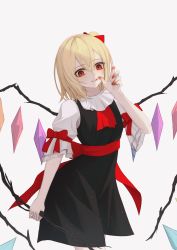 Rule 34 | 1girl, adapted costume, ascot, back bow, bad id, bad pixiv id, black dress, blonde hair, blood, bow, breasts, commentary request, cowboy shot, crystal, dress, finger to mouth, flandre scarlet, hair between eyes, highres, looking down, medium hair, no headwear, one side up, parted lips, puffy short sleeves, puffy sleeves, red ascot, red bow, red eyes, red sash, sash, short sleeves, simple background, small breasts, solo, thomas 8000, touhou, white background, wings