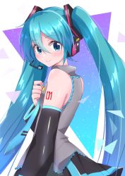 Rule 34 | 1girl, aqua eyes, aqua hair, aqua nails, aqua necktie, bare shoulders, black skirt, black sleeves, blush, commentary, detached sleeves, from side, grey shirt, hair ornament, hand on own chest, hatsune miku, headphones, headset, long hair, looking at viewer, nail polish, necktie, shirt, shoulder tattoo, skirt, sky, sleeveless, sleeveless shirt, smile, solo, star (sky), starry sky, supo01, tattoo, triangle, twintails, upper body, very long hair, vocaloid