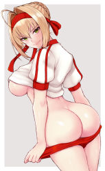 Rule 34 | 1girl, ahoge, ass, blonde hair, braid, breasts, buruma, buruma pull, closed mouth, clothes pull, cocq taichou, fate/extra, fate (series), french braid, green eyes, gym uniform, hair intakes, headband, large breasts, looking at viewer, nero claudius (fate), nero claudius (fate) (all), nero claudius (fate/extra), nero claudius (olympian bloomers) (fate), official alternate costume, red buruma, red headband, short hair, short sleeves, smile, solo, thighs, underboob