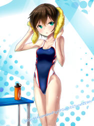 Rule 34 | 1girl, black hair, bottle, competition swimsuit, green eyes, highres, mizugensui, one-piece swimsuit, original, solo, standing, swimsuit, towel, water bottle