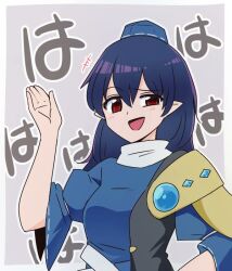Rule 34 | +++, 1girl, :d, armor, blue dress, blue hair, breasts, commentary request, dark blue hair, dress, grey background, hair between eyes, hand on own hip, hand up, hat, iizunamaru megumu, long hair, looking at viewer, medium breasts, open mouth, outline, pauldrons, pointy ears, raised eyebrow, red eyes, shio (futatsumami), shoulder armor, simple background, single pauldron, smile, solo, tokin hat, touhou, uneven eyes, upper body, white outline, wide sleeves